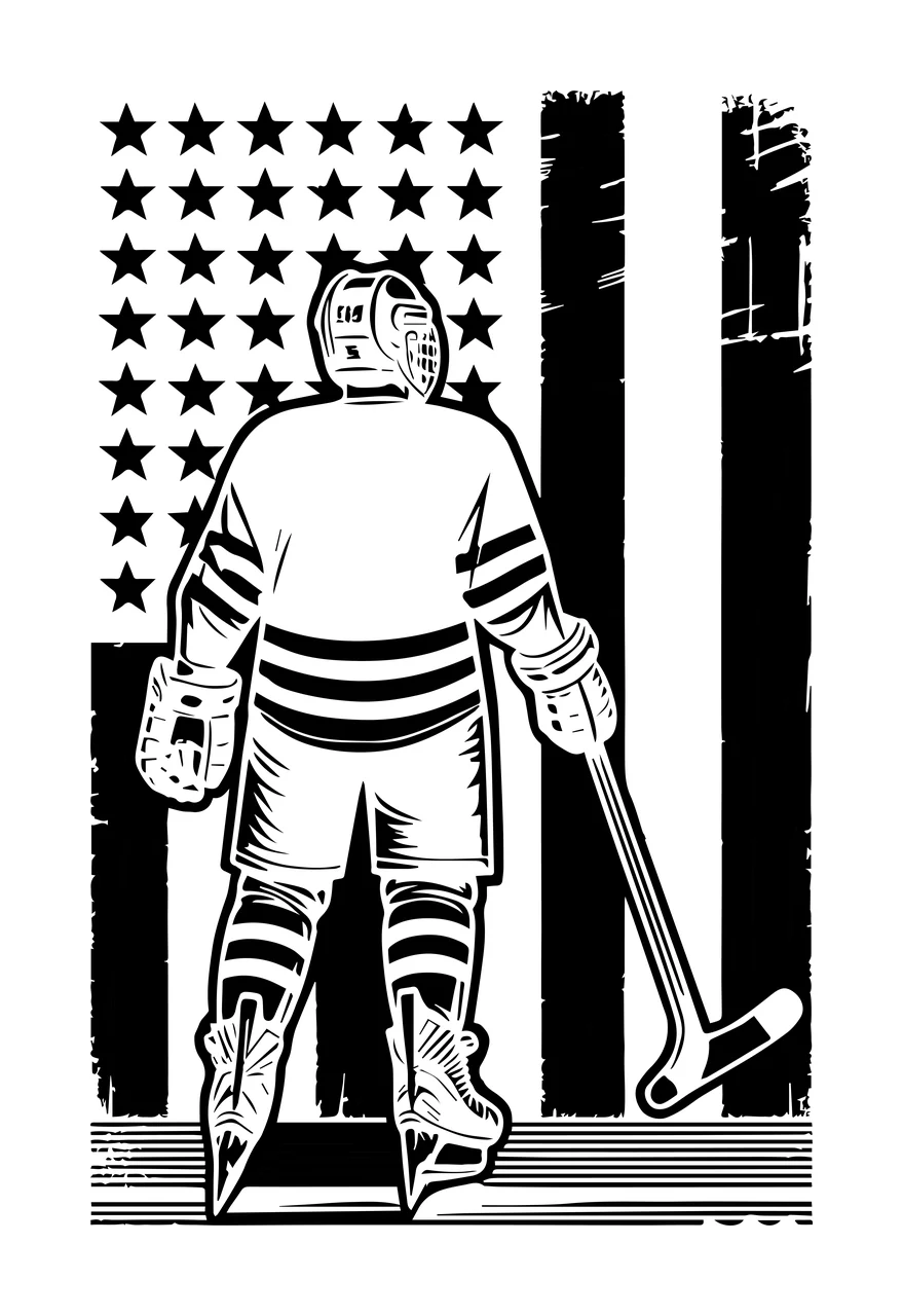 Hockey Player Silhouette With Flag Standing stick helmet skates