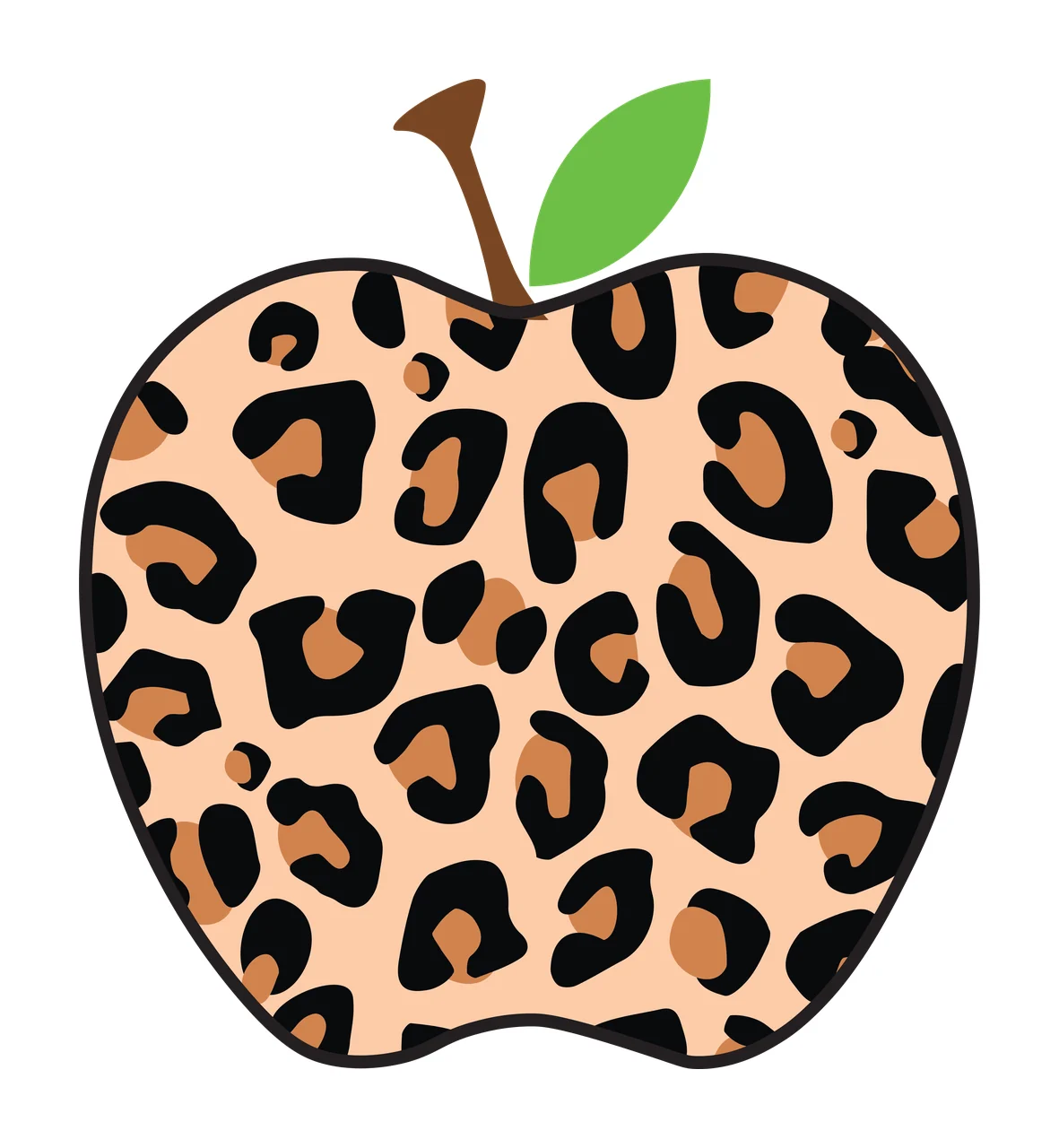 Apple with leopard print pattern Illustration with green leaf and brown stem in beige, black and tan