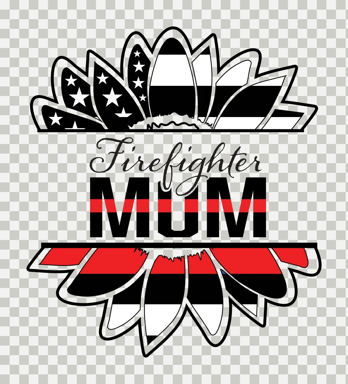 Firefighter MUM Firefighter MUM split sunflower Design with American flag pattern, stars and stripes, thin red line and cursive script in black and white transparency and detail preview thumbnail