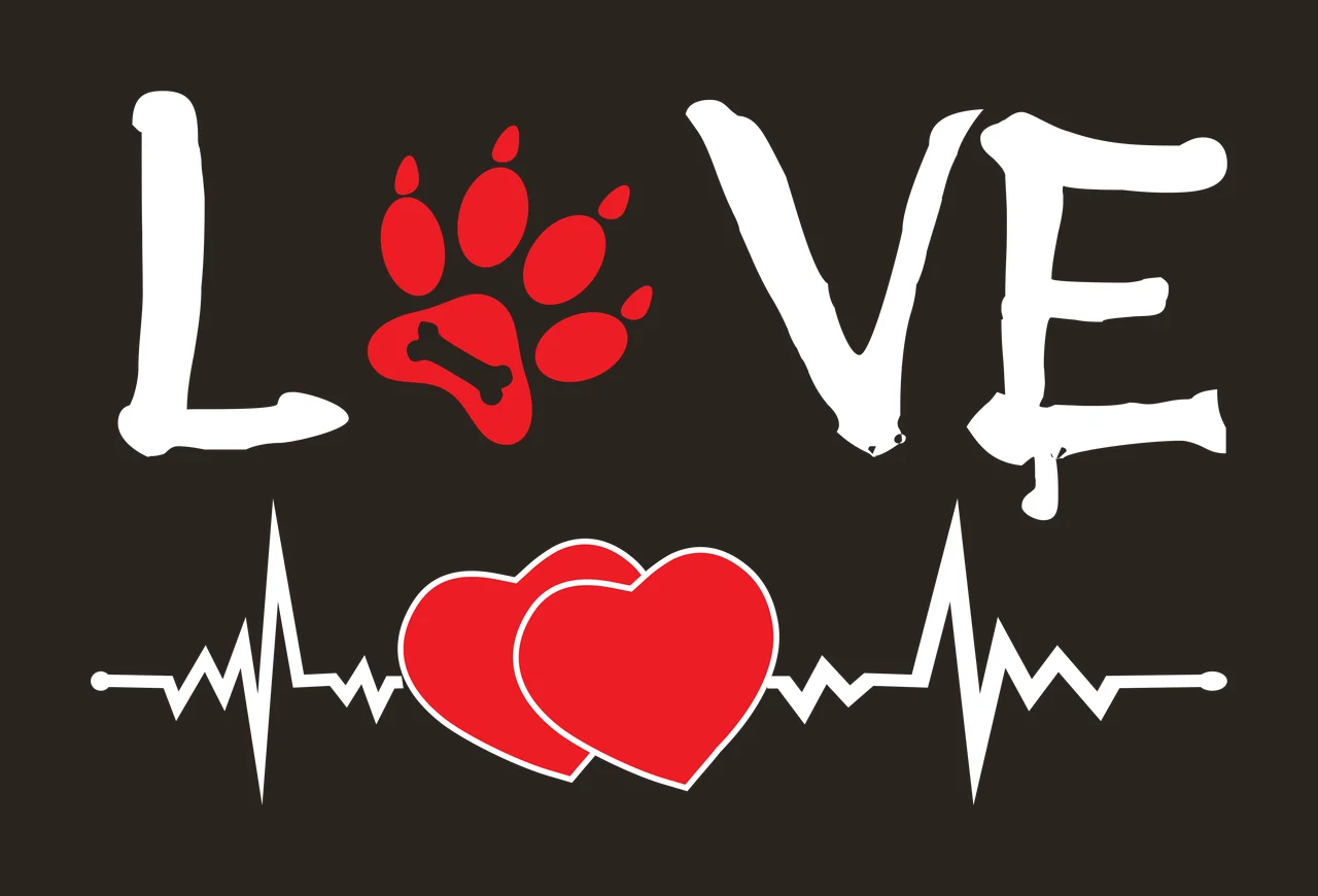 Red paw print with bone and two overlapping hearts Illustration contrast preview thumbnail