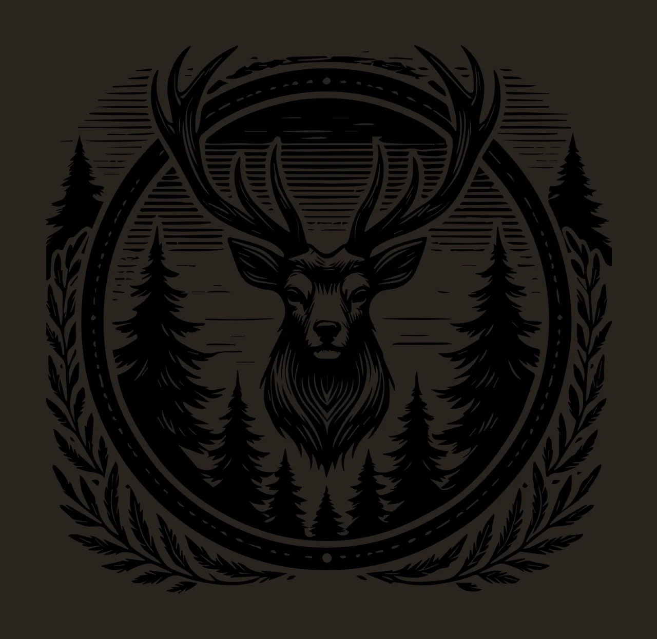 Deer Head In Circular Forest Frame antlers coniferous trees contrast preview thumbnail