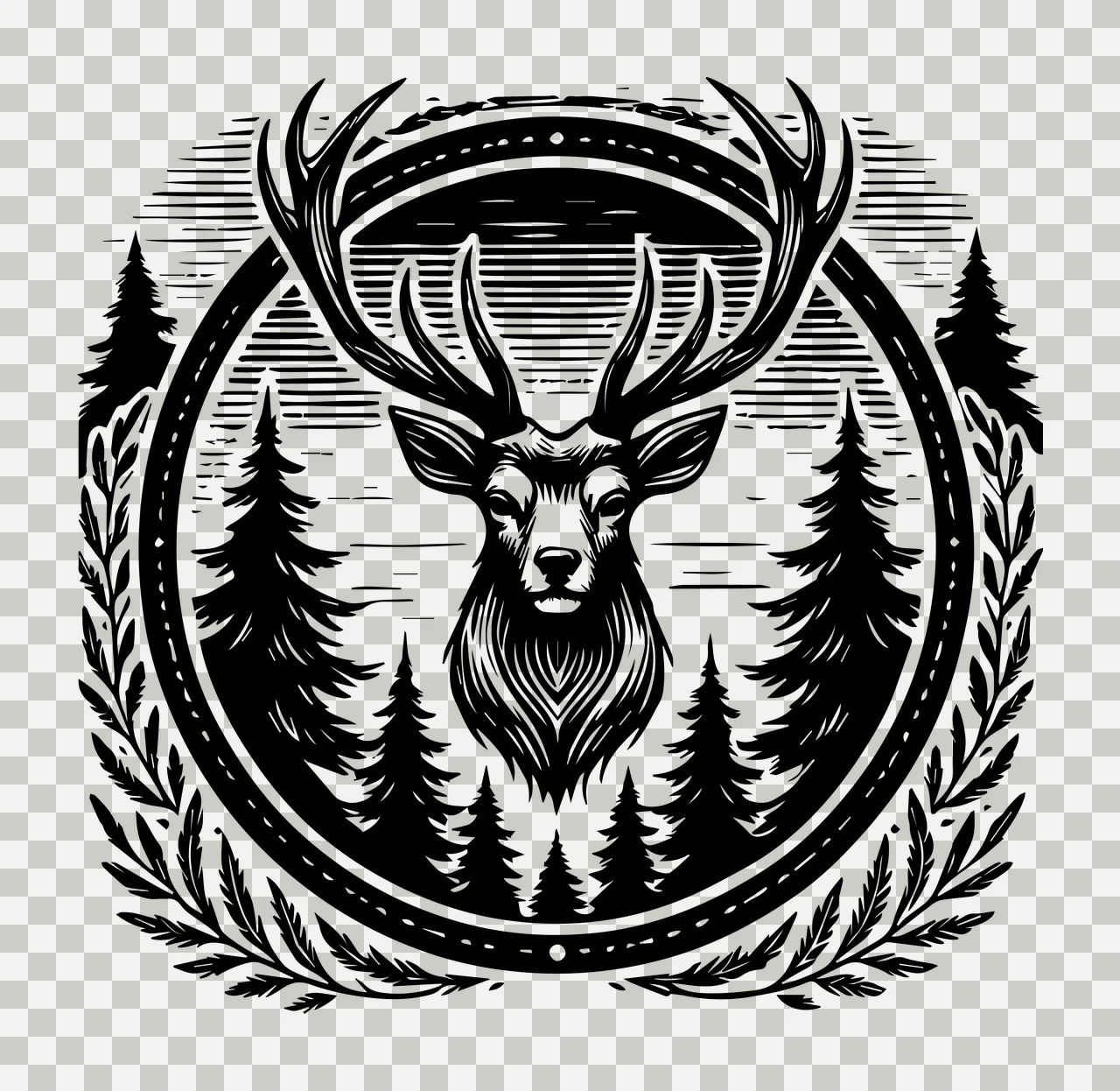 Deer Head In Circular Forest Frame antlers coniferous trees transparency and detail preview thumbnail