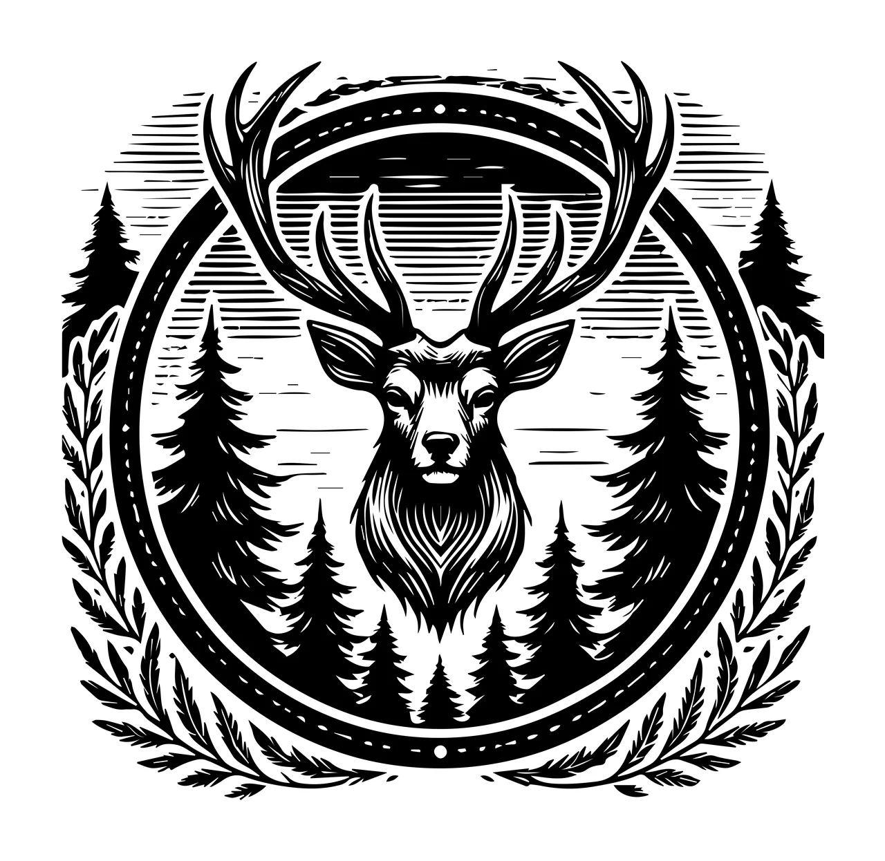 Deer Head In Circular Forest Frame antlers coniferous trees