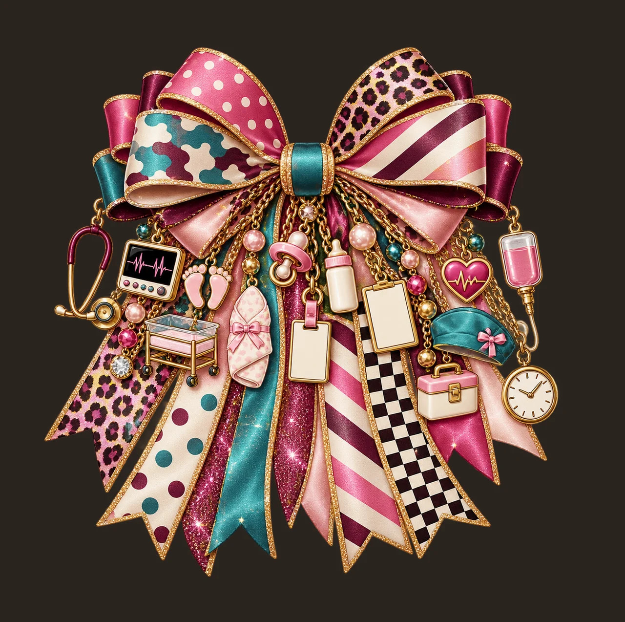 Labor and Delivery Nurse Bow Charm PNG, Themed Gold Chain Charms, Coquette Ribbon Sublimation Design, Transparent Digital Download contrast preview thumbnail