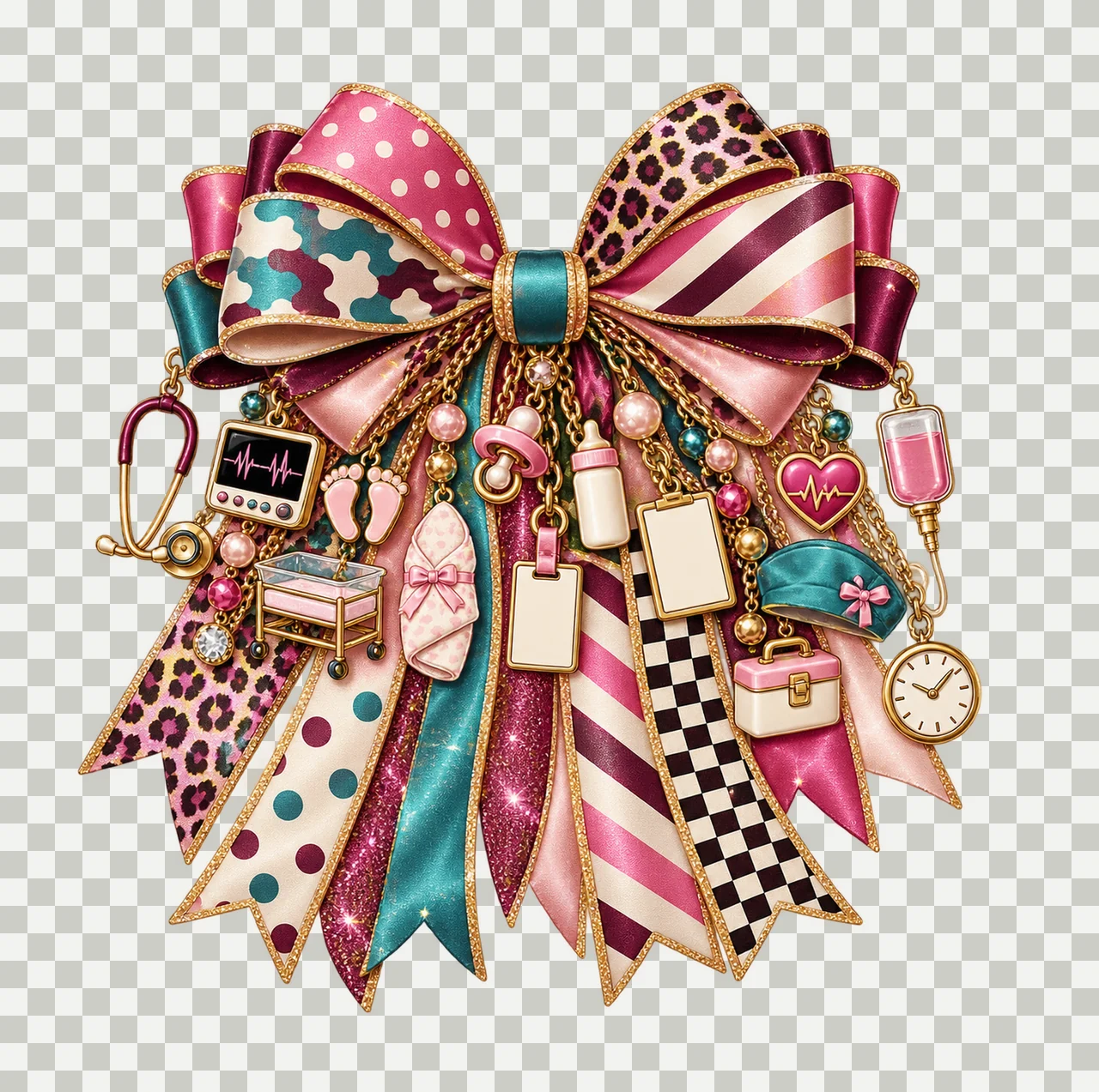 Labor and Delivery Nurse Bow Charm PNG, Themed Gold Chain Charms, Coquette Ribbon Sublimation Design, Transparent Digital Download transparency and detail preview thumbnail