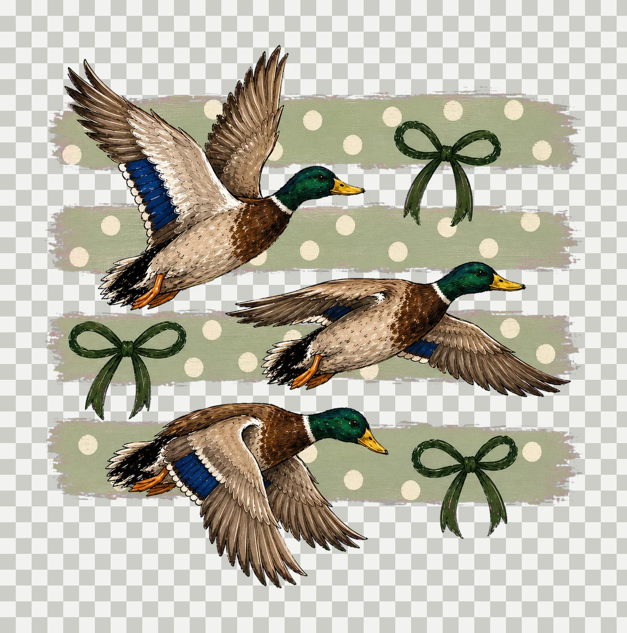 Vintage Retro Mallard Duck Polka Dot Bows Variation A transparency and detail preview thumbnail