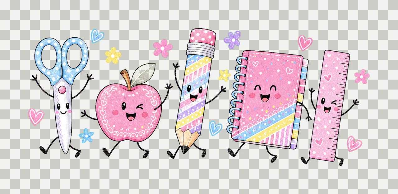 Pink School Anthropomorphic Items Dancing With Scissors transparency and detail preview thumbnail