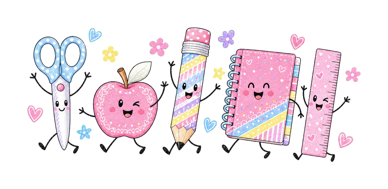 Pink School Anthropomorphic Items Dancing With Scissors