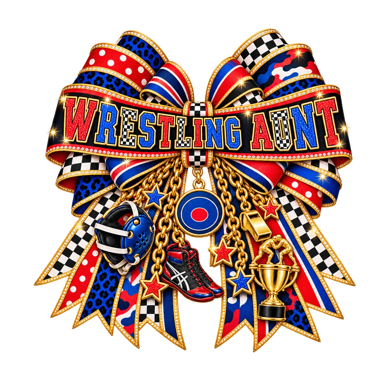 Wrestling Aunt Bow Charm PNG, Patterned Varsity Aunt Ribbon Clipart, Transparent Sublimation Digital Download