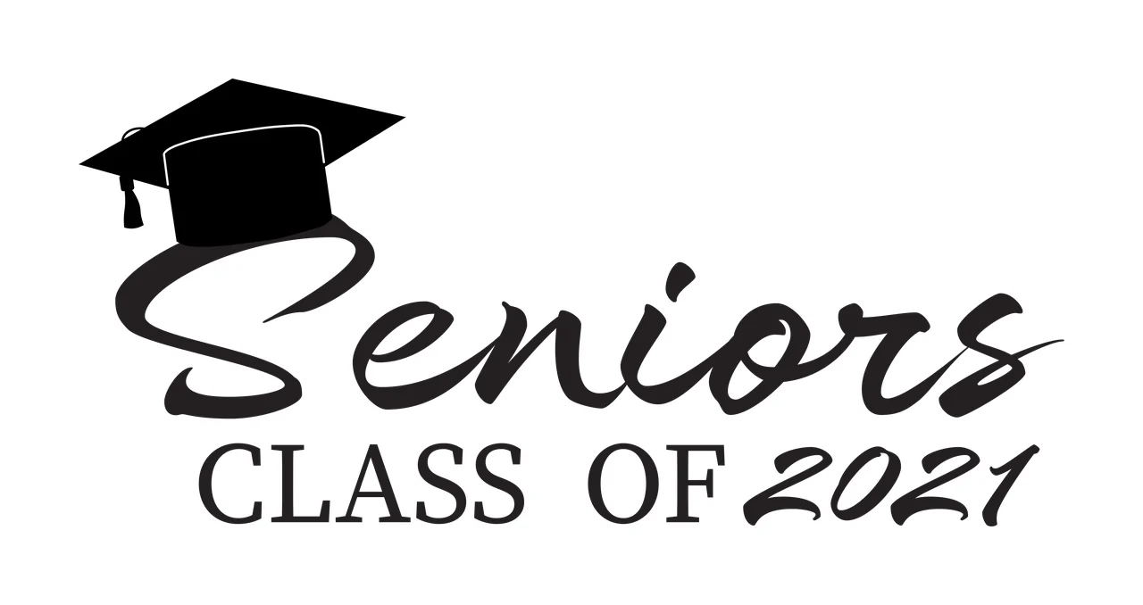 Seniors CLASS OF 2021 Graduation commemorative design with black graduation cap with tassel, cursive 'Seniors' and block 'CLASS OF'