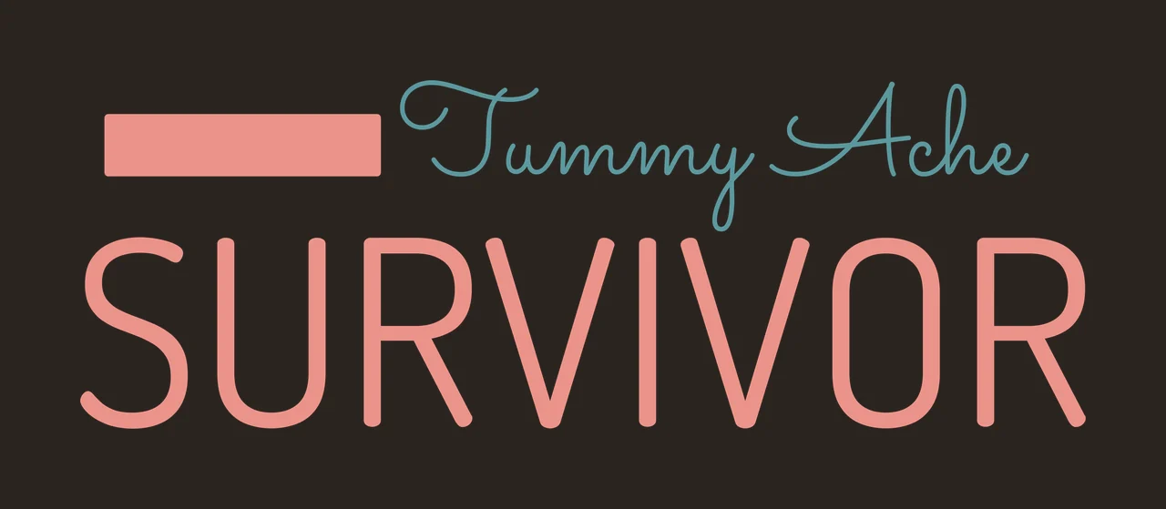 Tummy Ache SURVIVOR Typography Design with coral rectangle, teal cursive text 'Tummy Ache' and coral block text 'SURVIVOR' in white contrast preview thumbnail