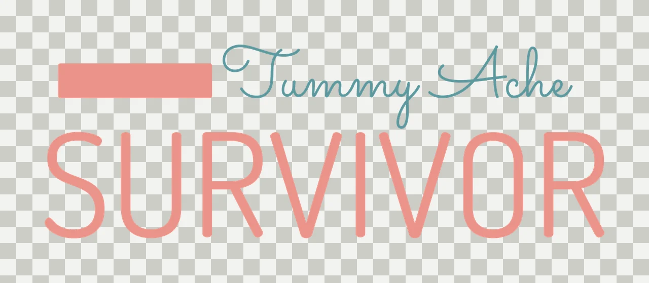 Tummy Ache SURVIVOR Typography Design with coral rectangle, teal cursive text 'Tummy Ache' and coral block text 'SURVIVOR' in white transparency and detail preview thumbnail