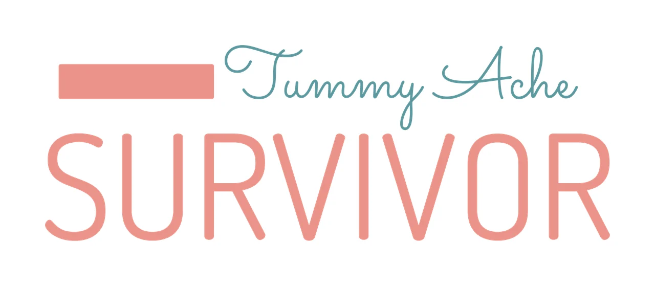 Tummy Ache SURVIVOR Typography Design with coral rectangle, teal cursive text 'Tummy Ache' and coral block text 'SURVIVOR' in white