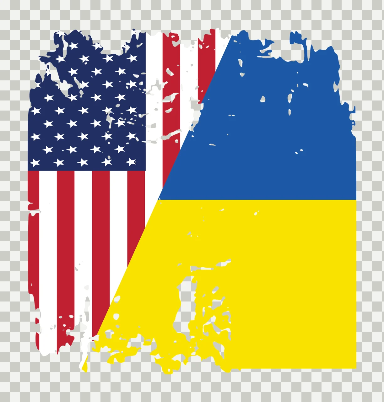 USA and Ukraine combined flags Illustration with USA flag, Ukrainian flag, distressed texture and diagonal split in red, white and blue transparency and detail preview thumbnail