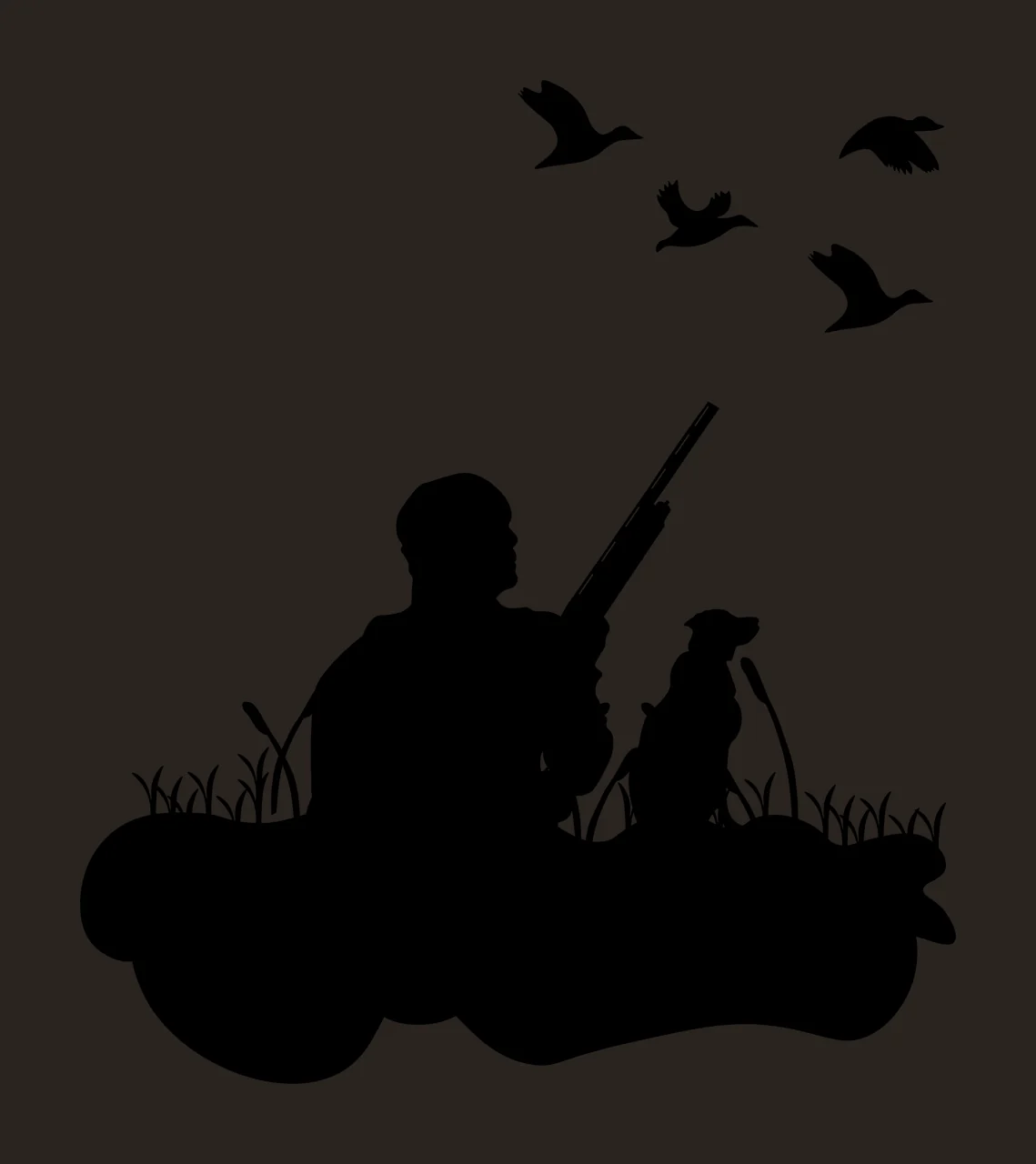 Hunter With Dog And Flying Ducks aiming grass silhouette black contrast preview thumbnail