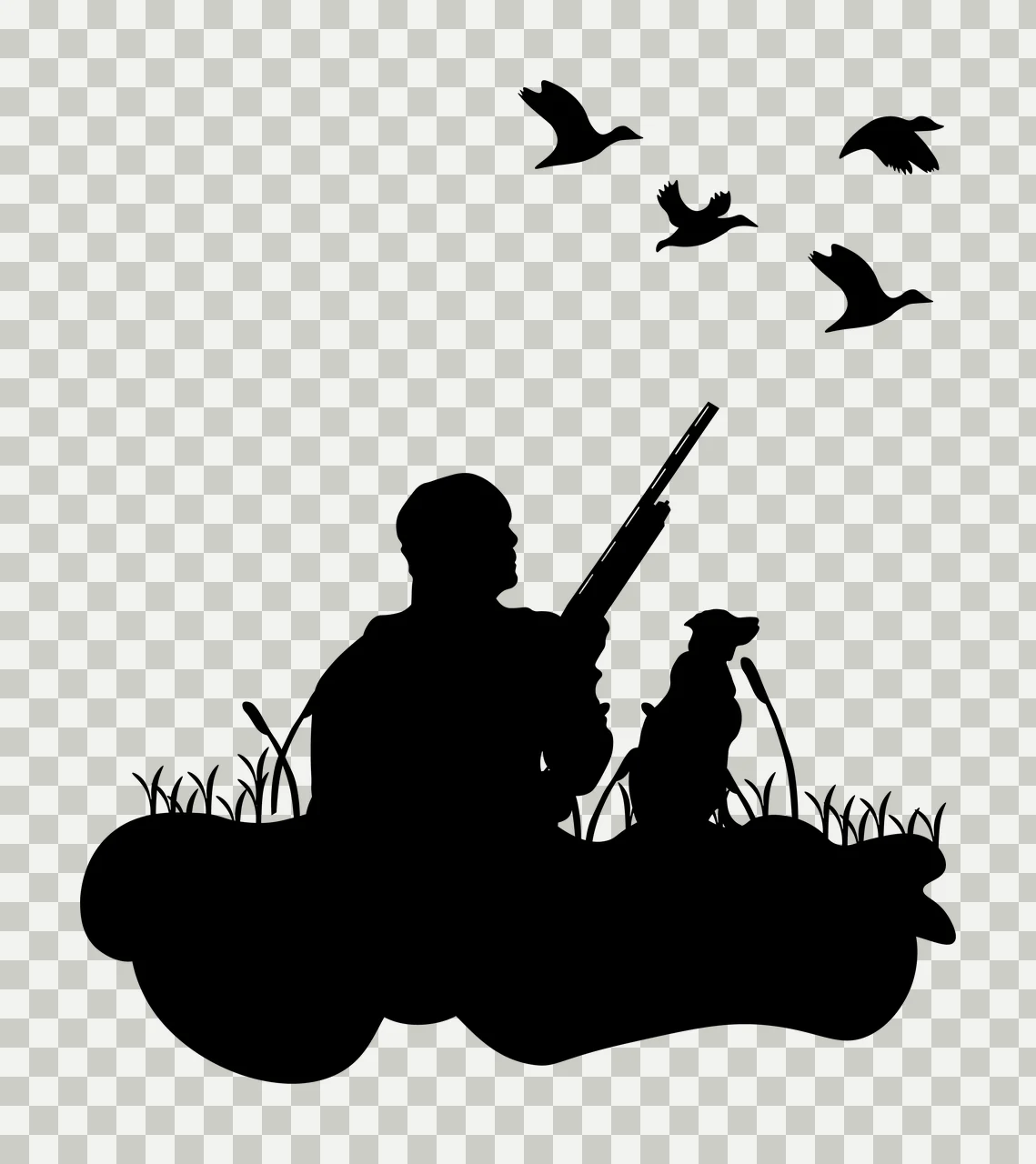 Hunter With Dog And Flying Ducks aiming grass silhouette black transparency and detail preview thumbnail