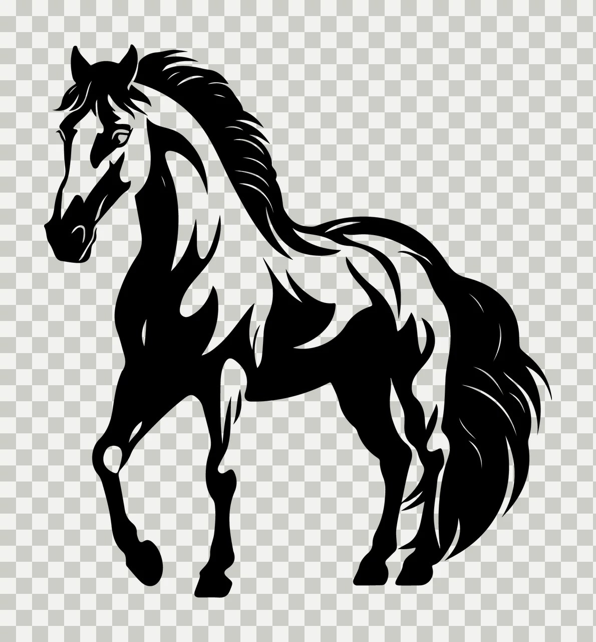 Horse Walking Silhouette With Flowing Mane tail black white transparency and detail preview thumbnail