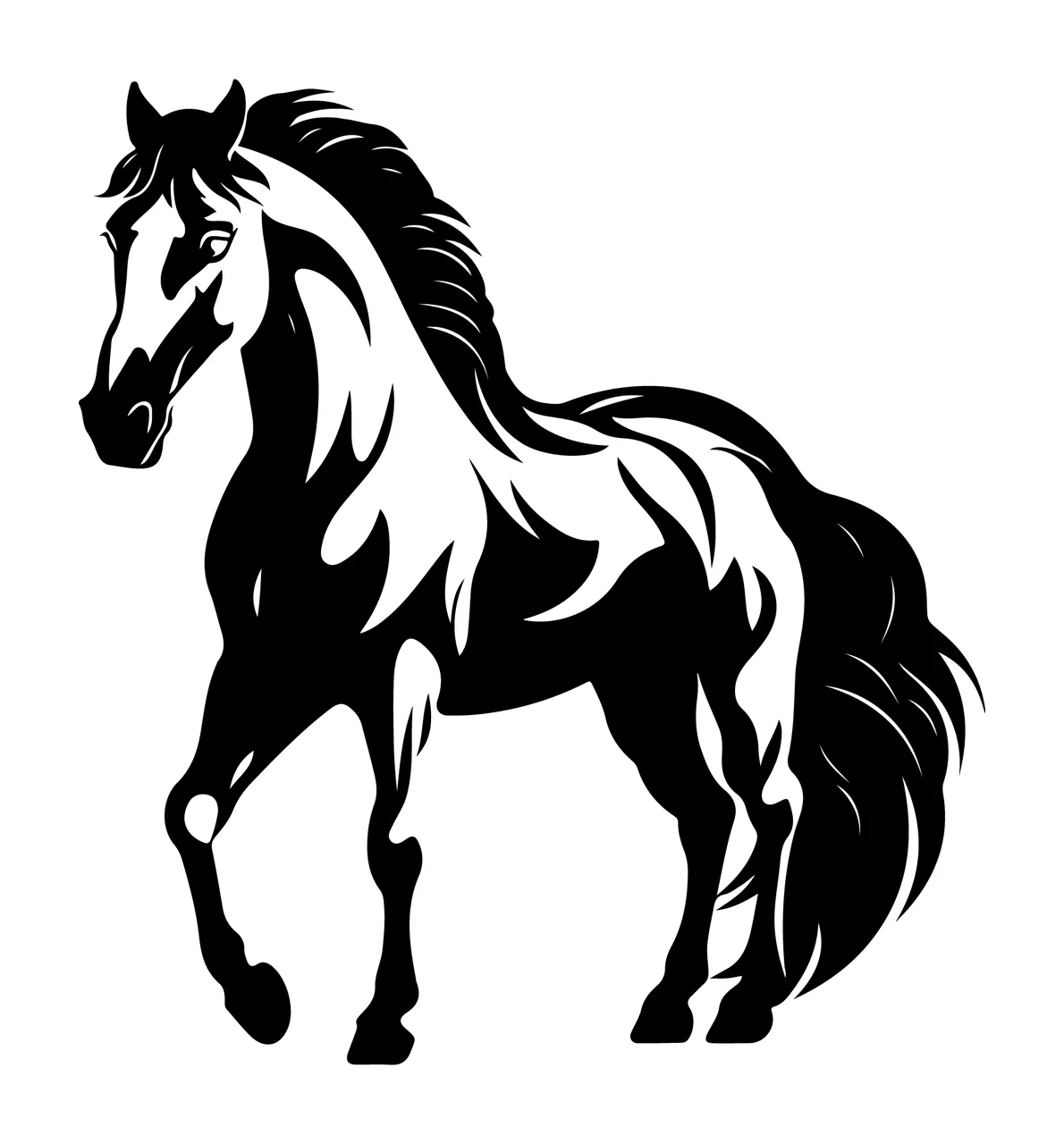 Horse Walking Silhouette With Flowing Mane tail black white