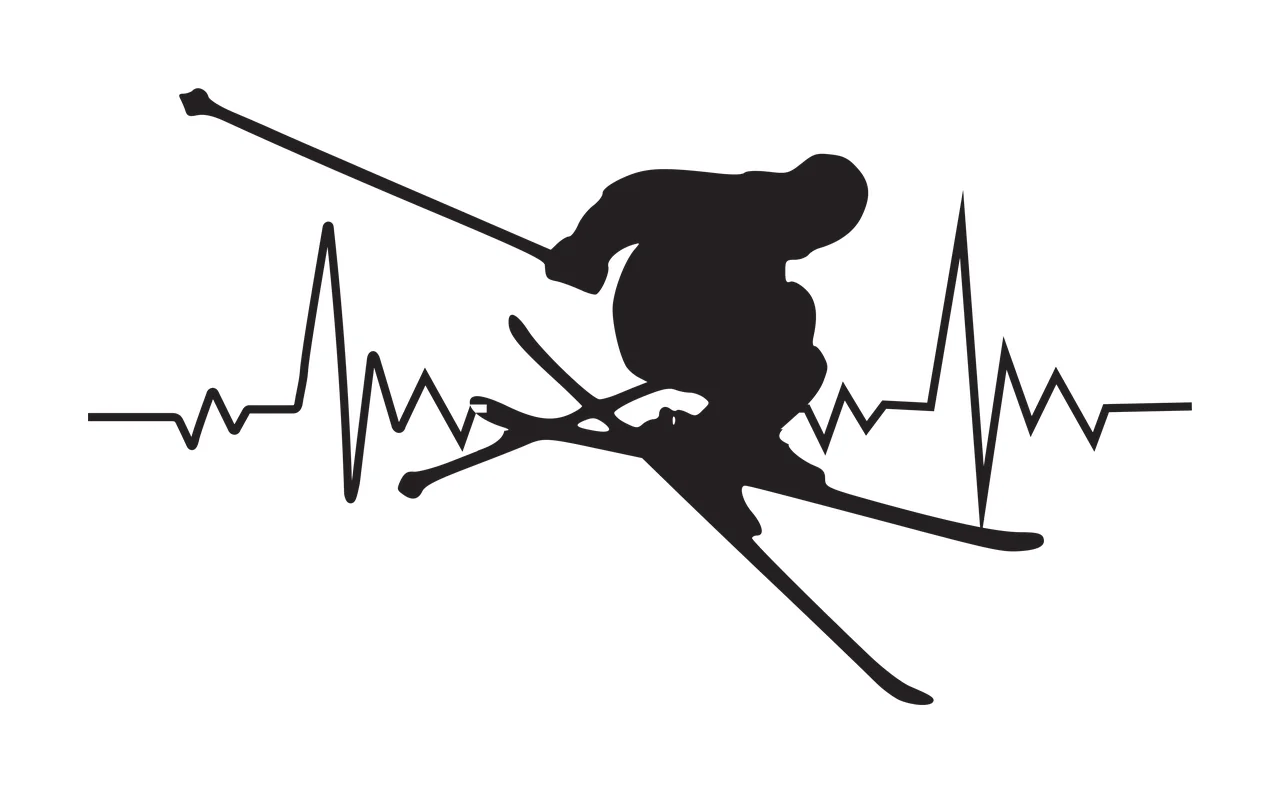 Skier silhouette with heartbeat line Illustration with black skier silhouette, skis, ski pole and heart rate line