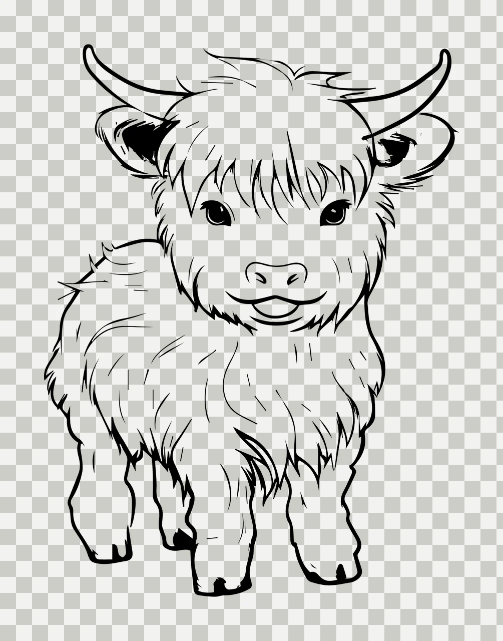 Highland Calf Sketch Line Drawing standing horns black white transparency and detail preview thumbnail