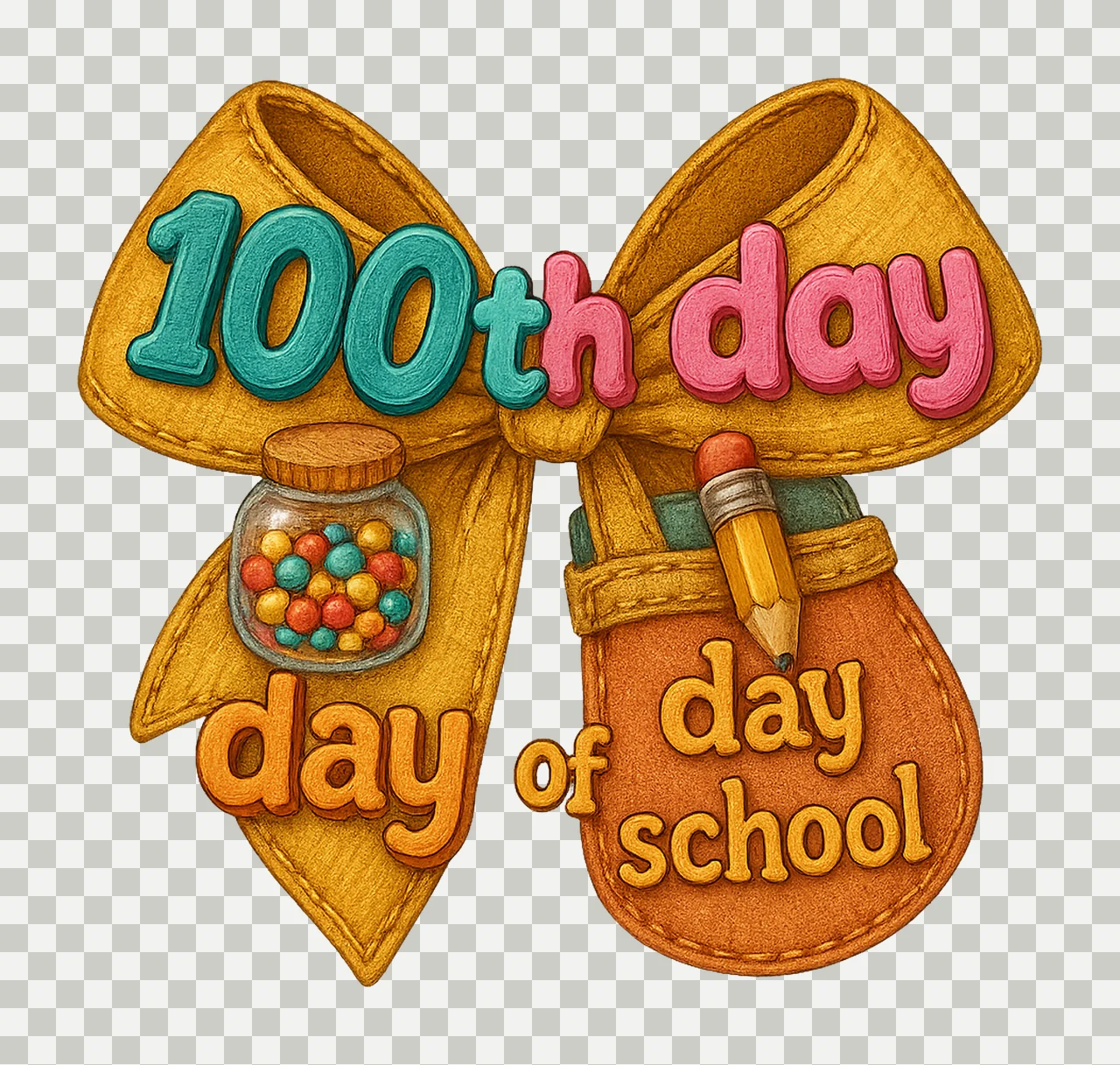 100th Day of School Embroidery Design Pencil Bow Applique transparency and detail preview thumbnail