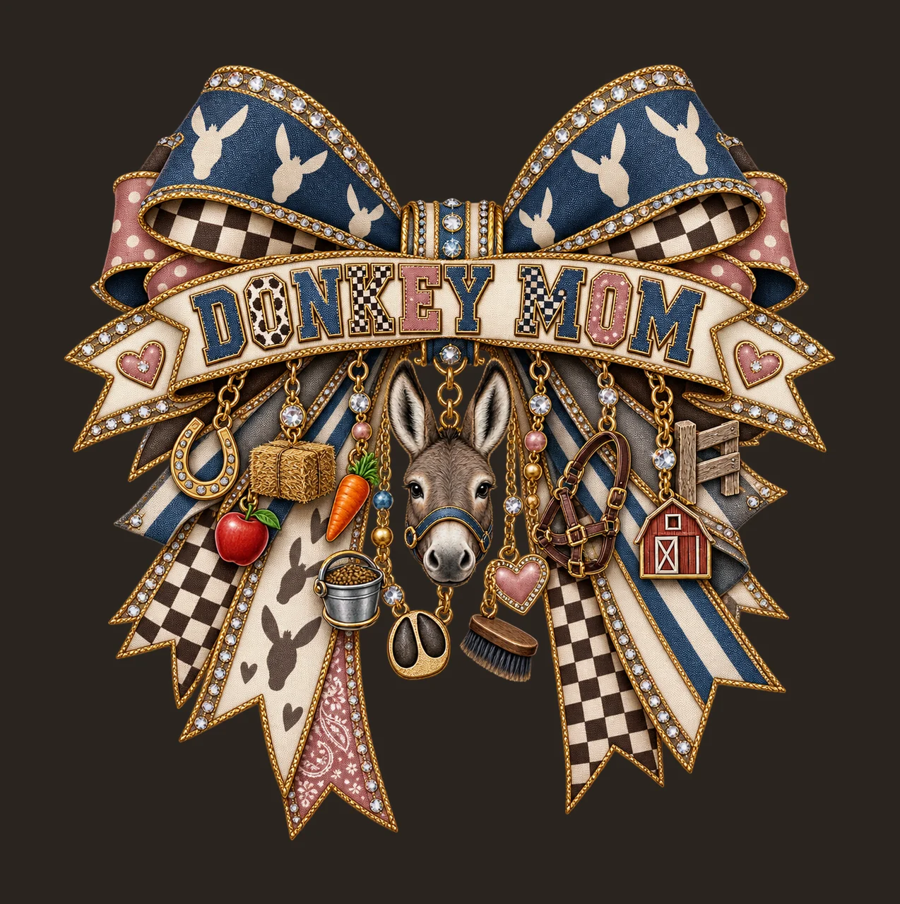 Donkey Mom Bow Charm PNG, Patterned Varsity Mom Ribbon Clipart, Transparent Sublimation Digital Download contrast preview thumbnail