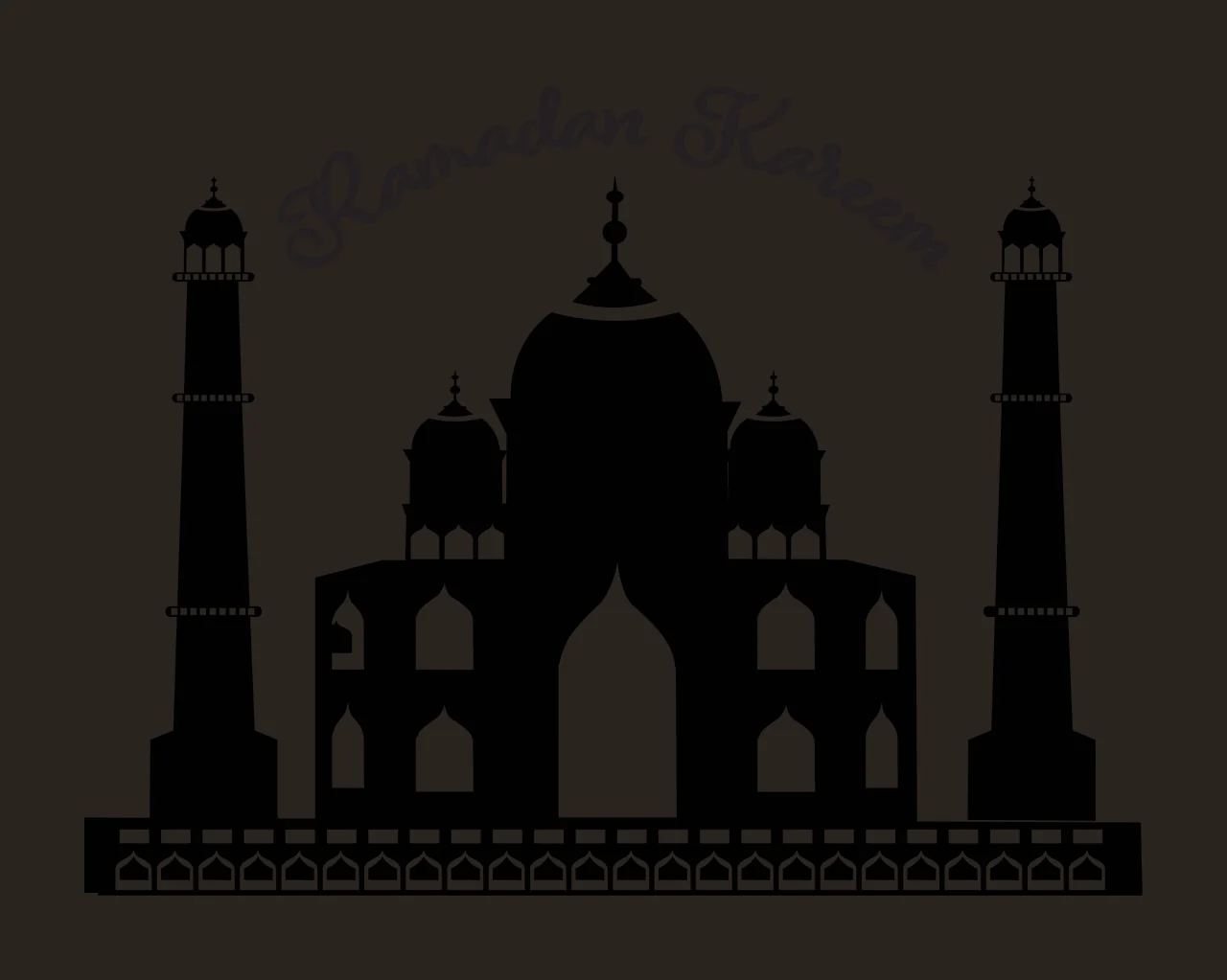 Ramadan Kareem Black silhouette of a mosque Design with central dome, two minarets, arched windows and ornamental base with repeating arches in white contrast preview thumbnail