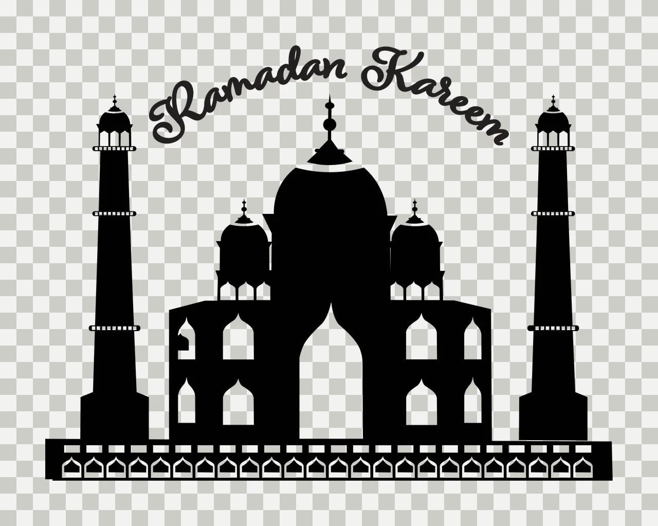 Ramadan Kareem Black silhouette of a mosque Design with central dome, two minarets, arched windows and ornamental base with repeating arches in white transparency and detail preview thumbnail