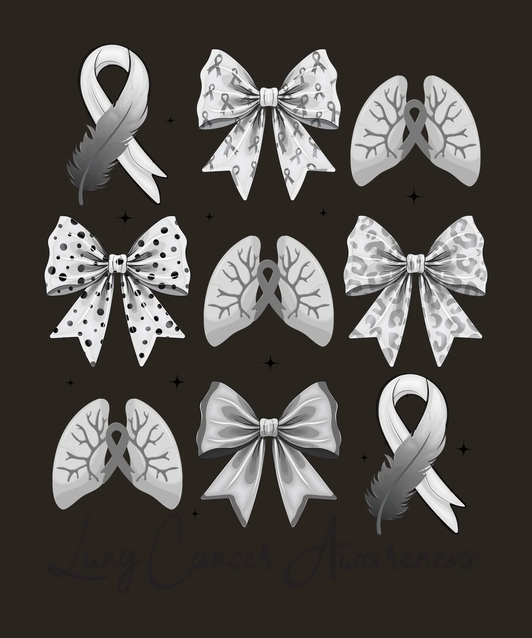 Lung Cancer Awareness Black Ribbons And Bows lungs stars silhouette contrast preview thumbnail
