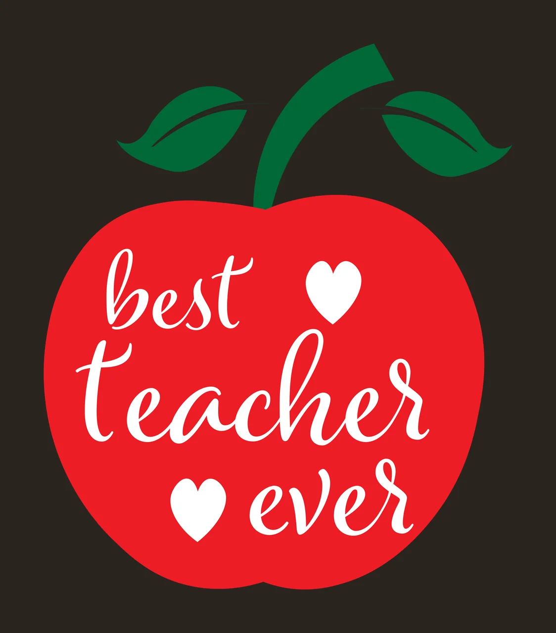 Best teacher ever red apple Design with red apple silhouette, green stem and leaves, white script typography and white heart shapes contrast preview thumbnail