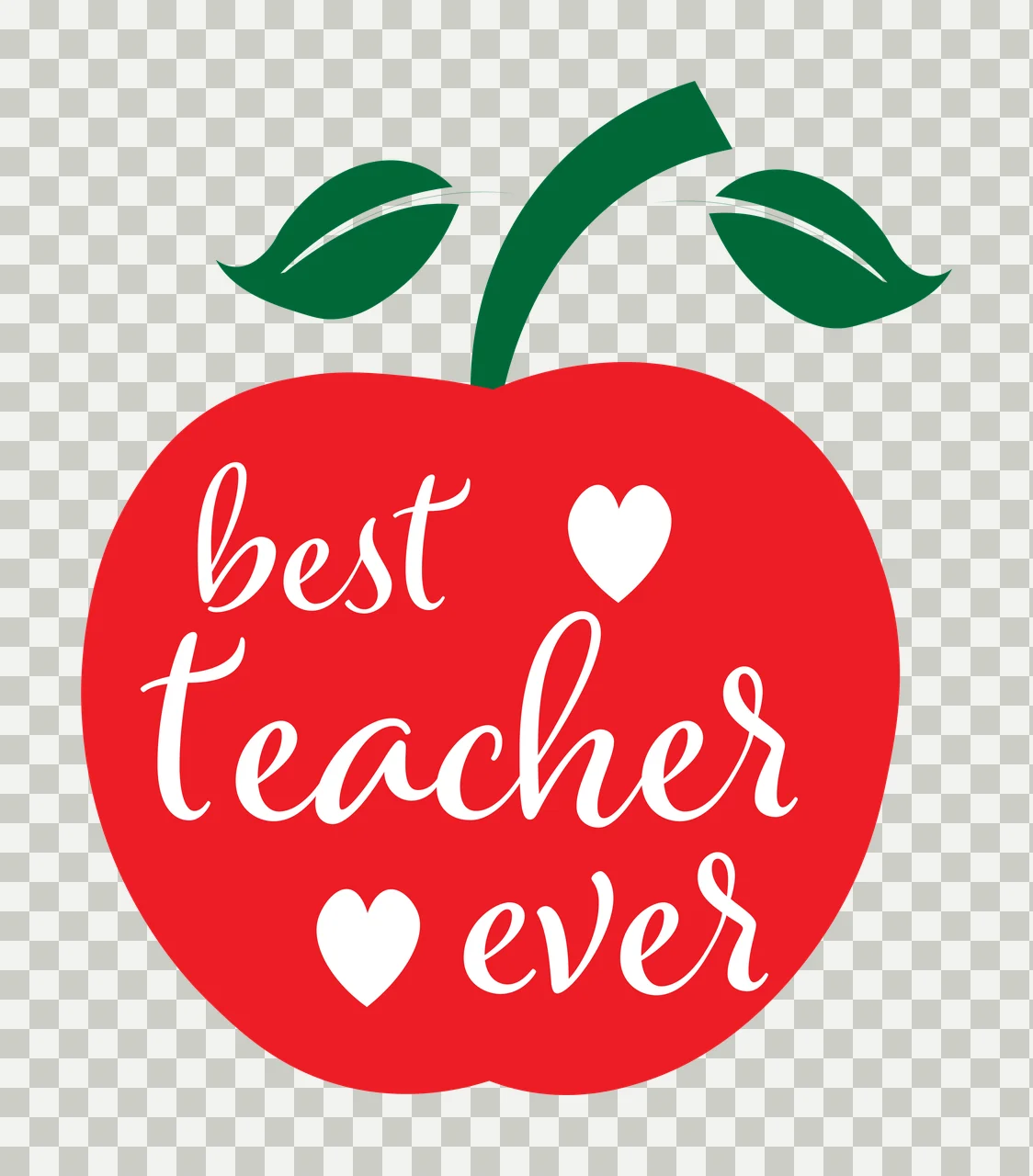 Best teacher ever red apple Design with red apple silhouette, green stem and leaves, white script typography and white heart shapes transparency and detail preview thumbnail