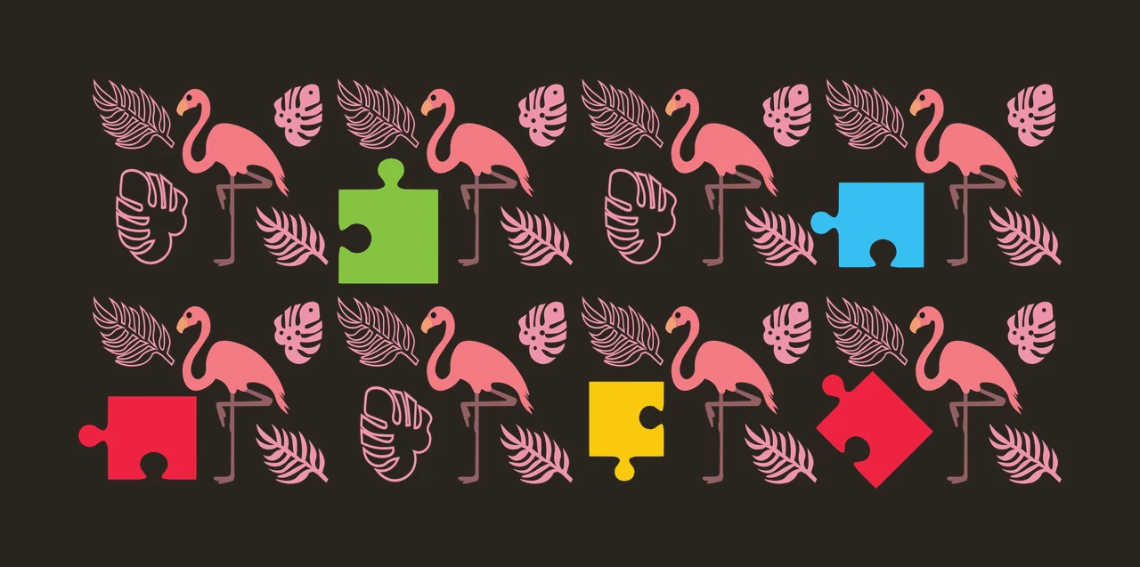 Tropical flamingo and leaf pattern with puzzle pieces Illustration with pink flamingo, green puzzle piece, blue puzzle piece and red puzzle piece contrast preview thumbnail