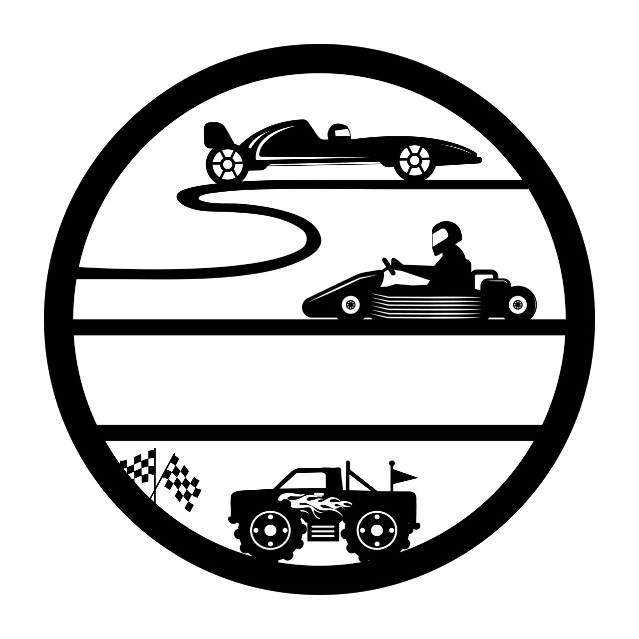 Circular Graphic With Racing Cars And Checkered Flags circle
