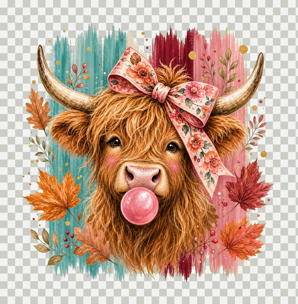 Highland Cow Fall Pink Bow Autumn Sublimation Variation F transparency and detail preview thumbnail