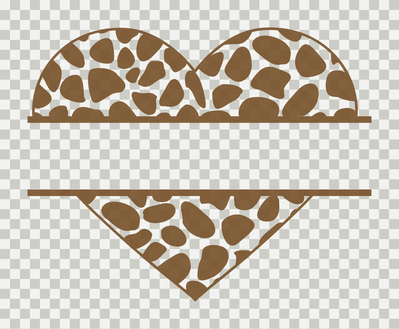 Split heart monogram with split heart shape, giraffe print pattern, brown spots and horizontal parallel lines in white transparency and detail preview thumbnail