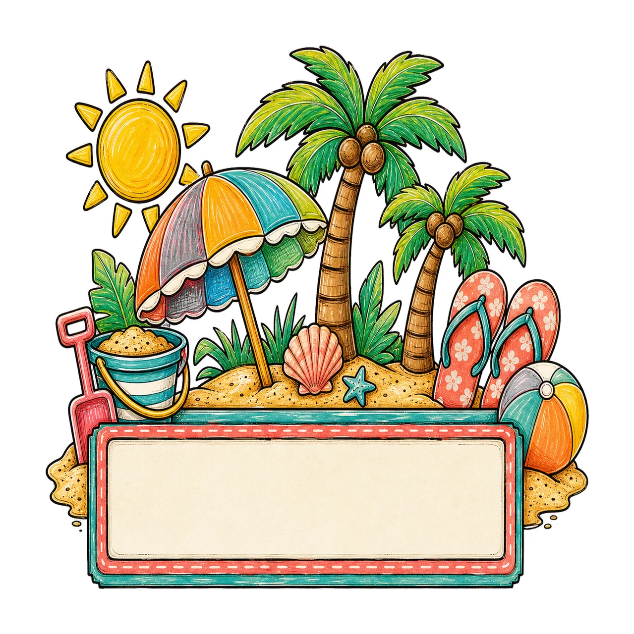 Summer Beach Name Plate Frame Design Hand Drawn Variation C