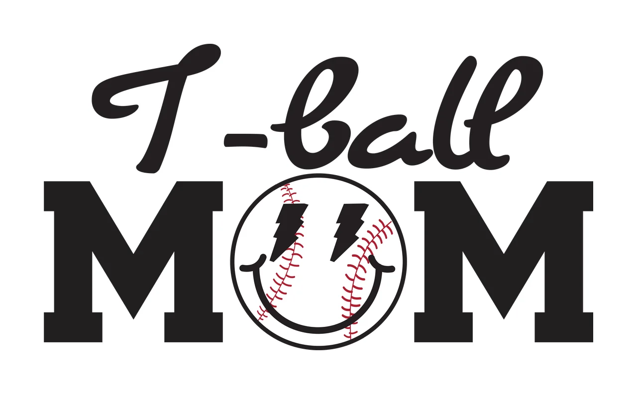 I - ball MOM Baseball-themed 'I - ball MOM' Design with black cursive text 'I - ball', black block letters 'MOM', circular baseball with red stitching and black smiley face outline in white