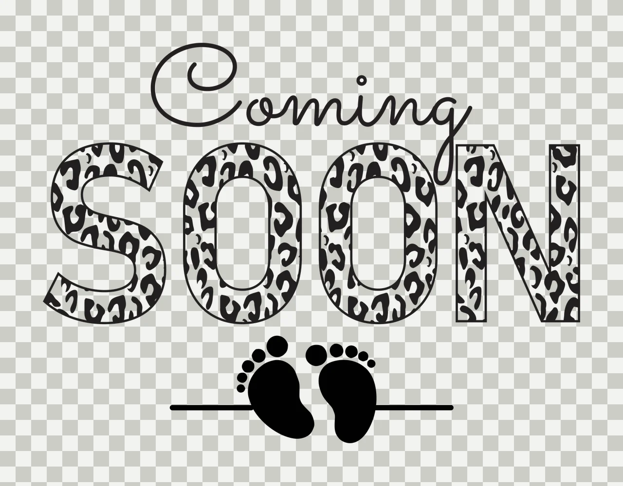 Coming SOON typography Design with cursive text, leopard print pattern, block letters and baby footprints silhouette in black and white transparency and detail preview thumbnail