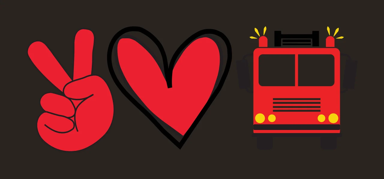 Peace love fire truck concept Illustration with peace sign hand gesture, heart shape, emergency lights and ladder in red, black and yellow contrast preview thumbnail