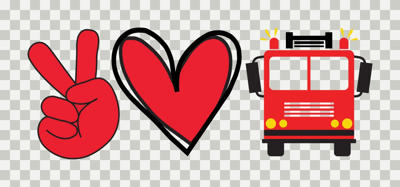Peace love fire truck concept Illustration with peace sign hand gesture, heart shape, emergency lights and ladder in red, black and yellow transparency and detail preview thumbnail