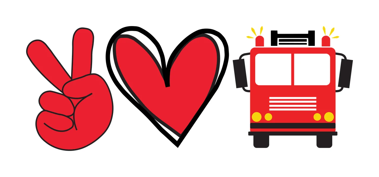 Peace love fire truck concept Illustration with peace sign hand gesture, heart shape, emergency lights and ladder in red, black and yellow