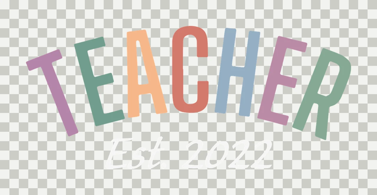 TEACHER Est. 2022 Typography Design with arched typography, block letters and cursive text in purple, green and orange transparency and detail preview thumbnail