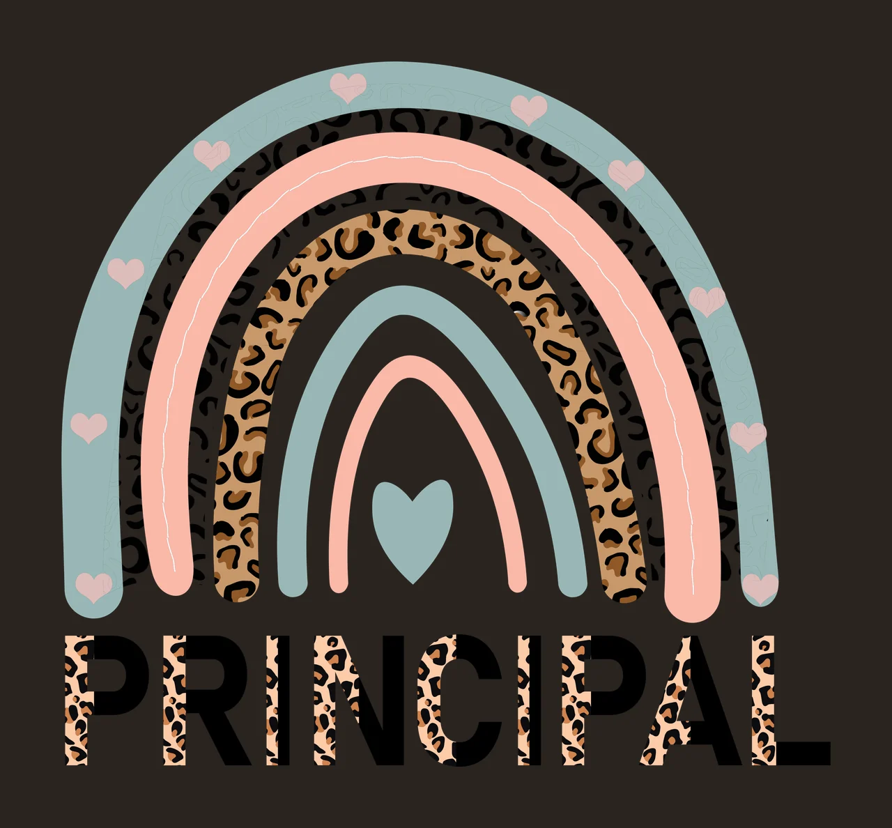 PRINCIPAL Boho rainbow and leopard print typography with rainbow arches, leopard print pattern, hearts and bold text in sage green, peach and brown contrast preview thumbnail