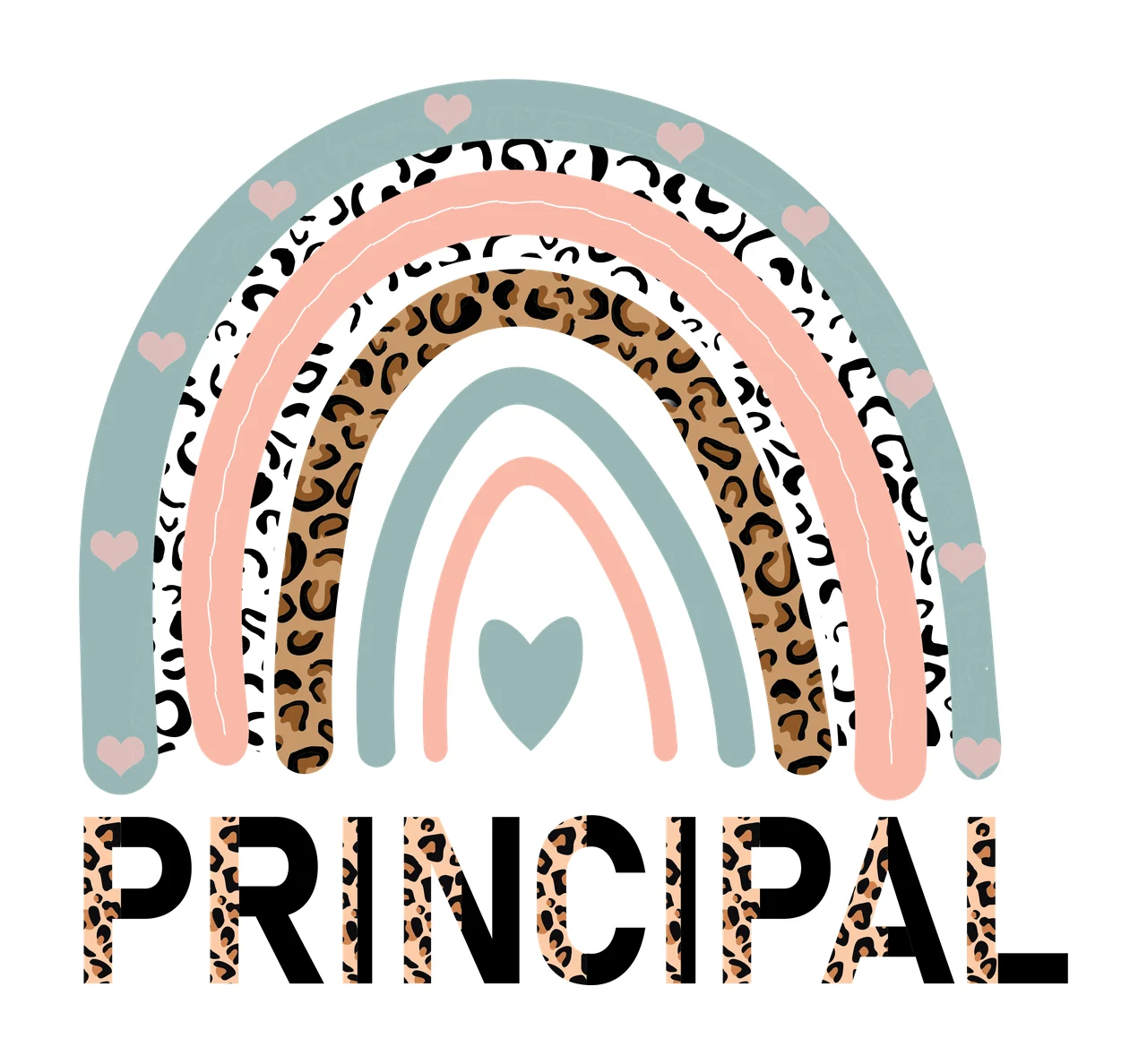 PRINCIPAL Boho rainbow and leopard print typography with rainbow arches, leopard print pattern, hearts and bold text in sage green, peach and brown