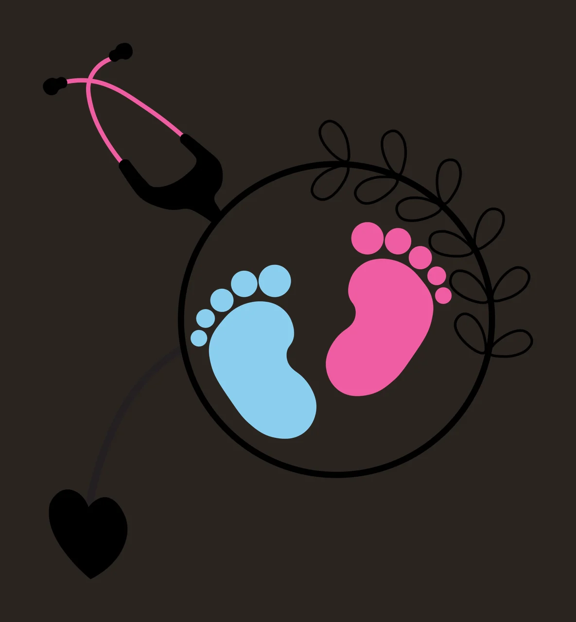 Stethoscope with pink tubing, black earpieces and chest piece, heart-shaped end, encircling circle with blue and pink baby footprints, black leafy vine border Illustration with blue baby footprint contrast preview thumbnail