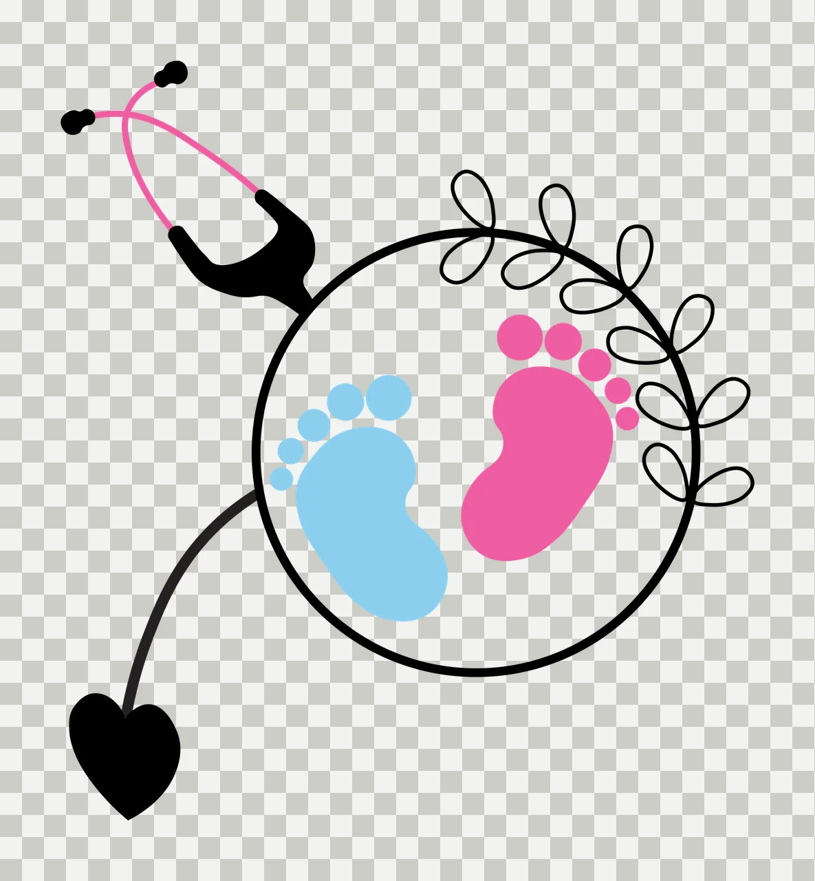 Stethoscope with pink tubing, black earpieces and chest piece, heart-shaped end, encircling circle with blue and pink baby footprints, black leafy vine border Illustration with blue baby footprint transparency and detail preview thumbnail