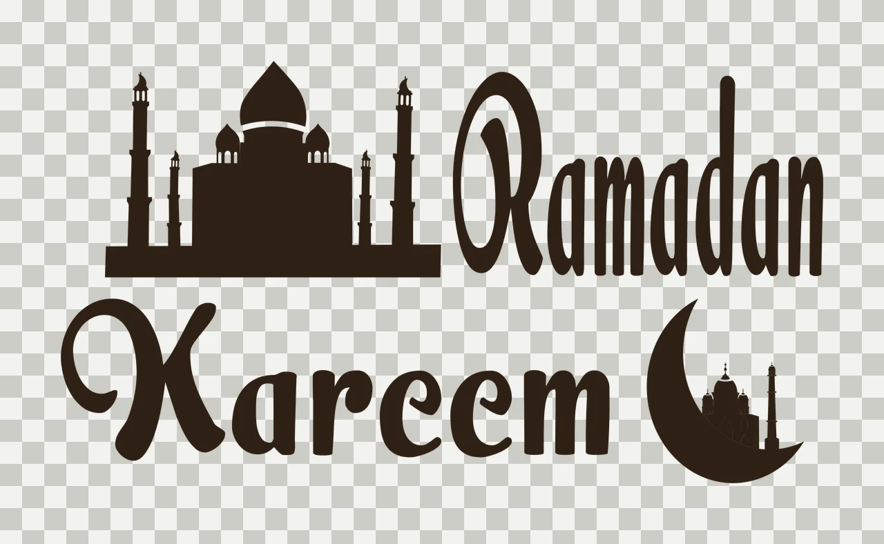 Ramadan Kareem Typography Design with mosque silhouette with domes and minarets, text 'Ramadan' and crescent moon with small mosque inside in dark brown transparency and detail preview thumbnail