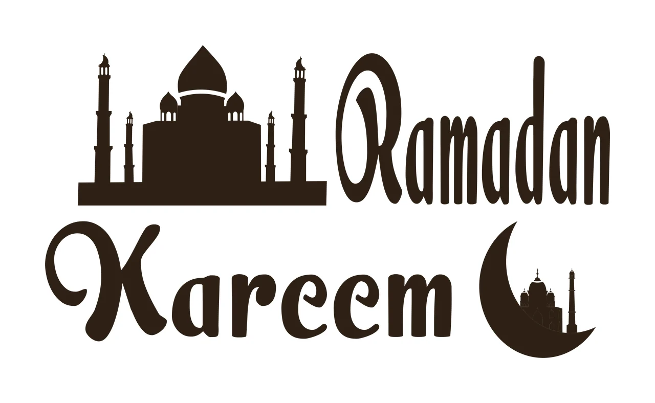 Ramadan Kareem Typography Design with mosque silhouette with domes and minarets, text 'Ramadan' and crescent moon with small mosque inside in dark brown