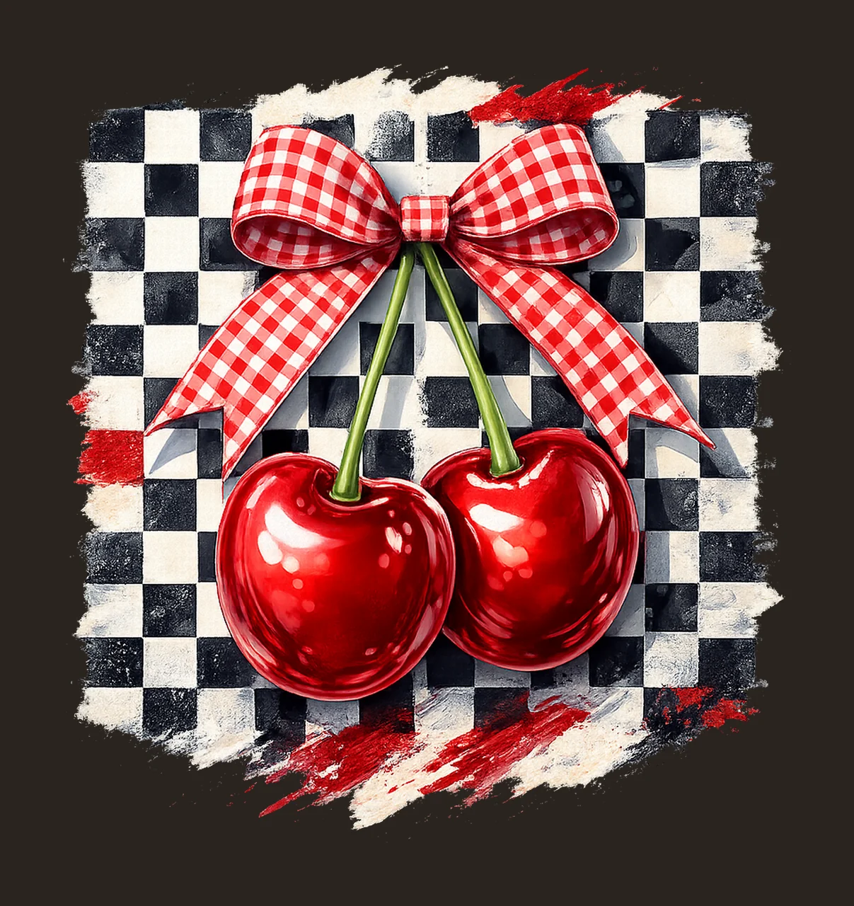Cherry coquette checkers watercolor brushstroke design retro contrast preview thumbnail