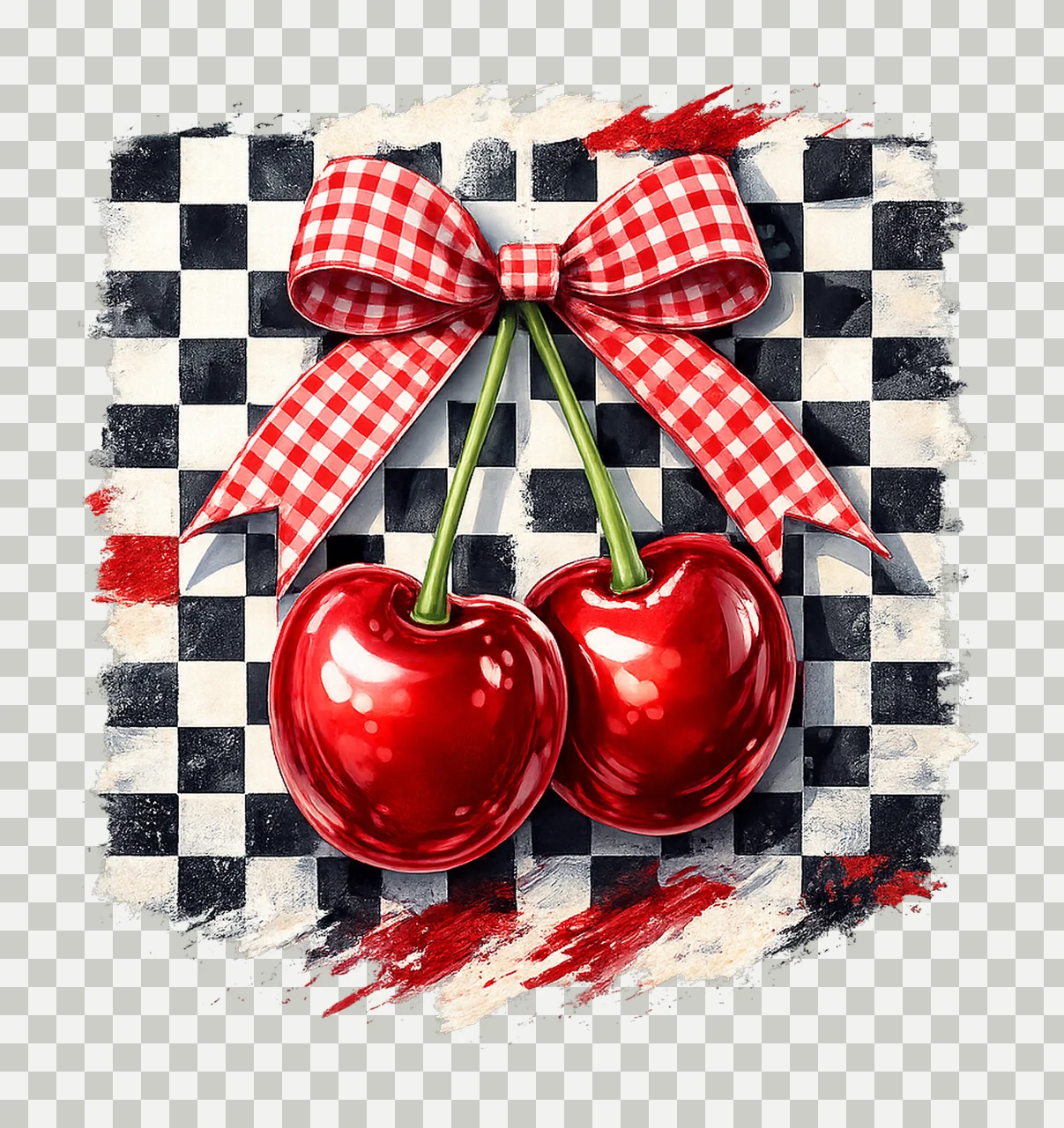 Cherry coquette checkers watercolor brushstroke design retro transparency and detail preview thumbnail